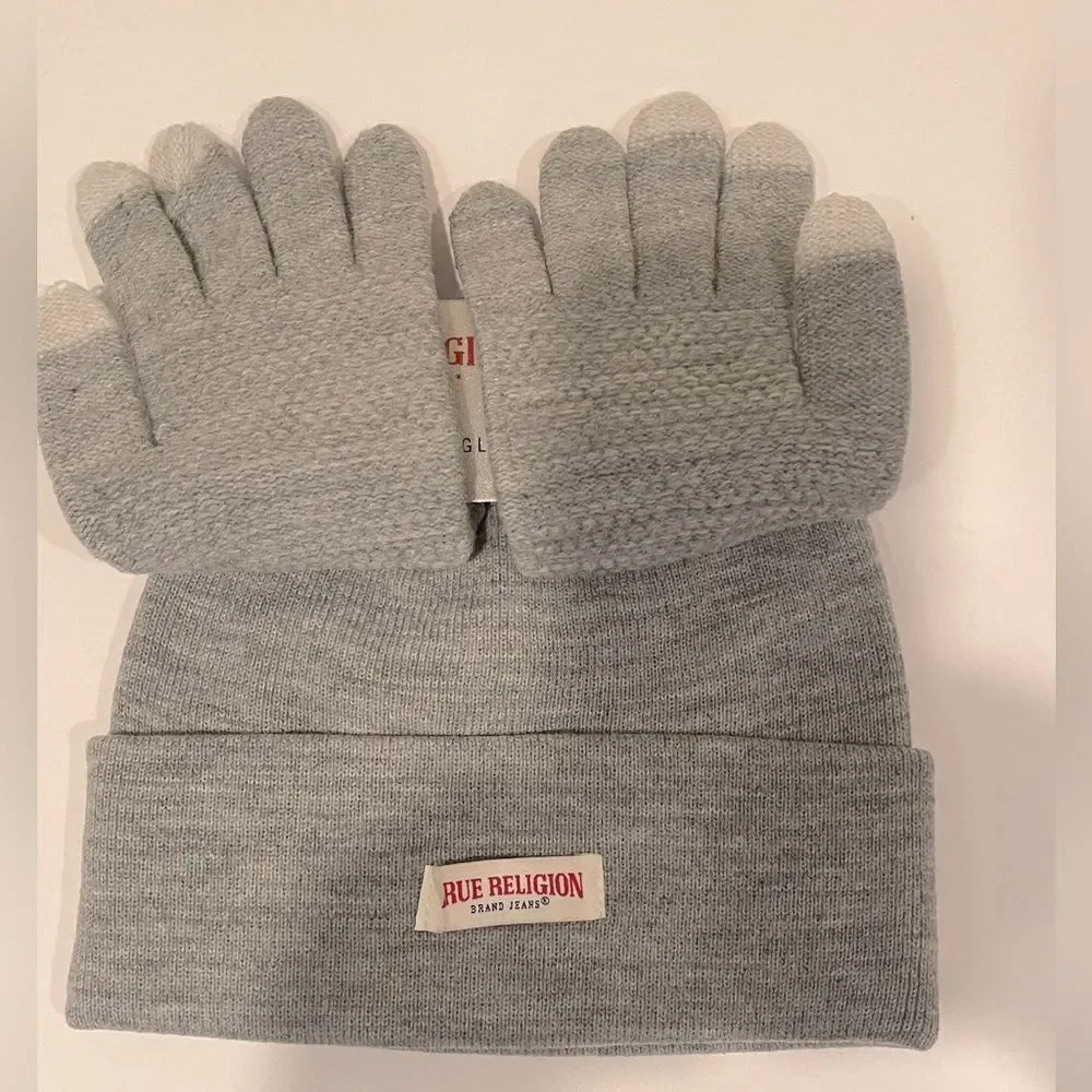 True Religion Gray Knit Beanie and matching gloves